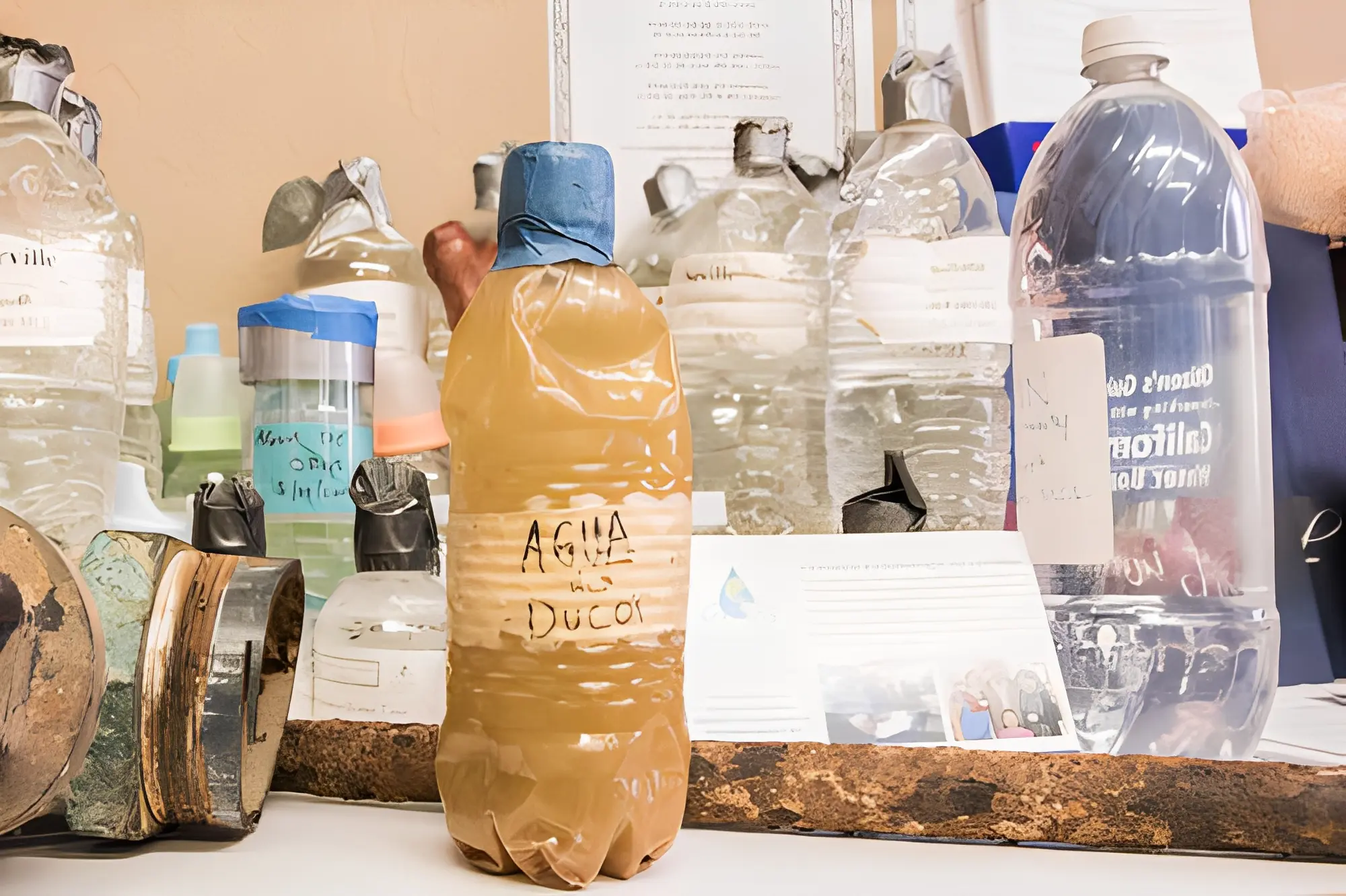 Bottles of dirty water on display table.
