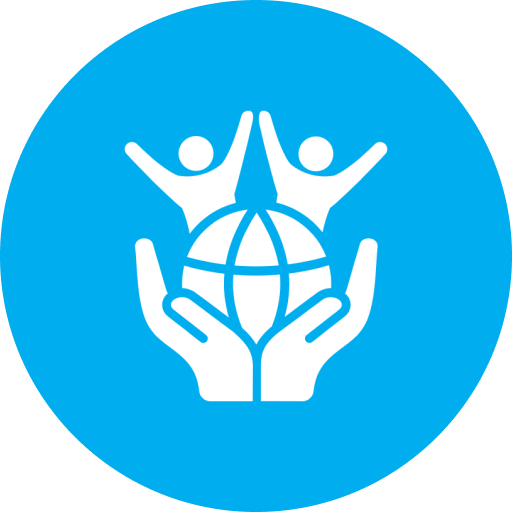 Two figures on globe with hands icon.