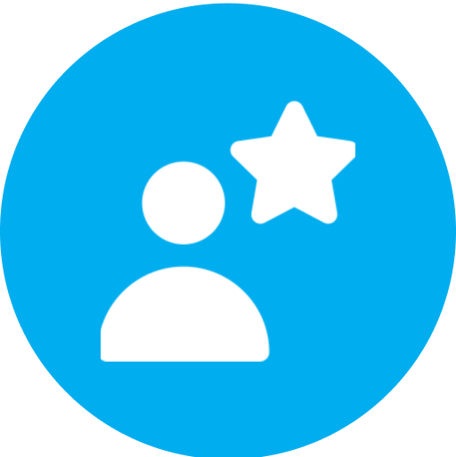 Person icon with star on blue background.