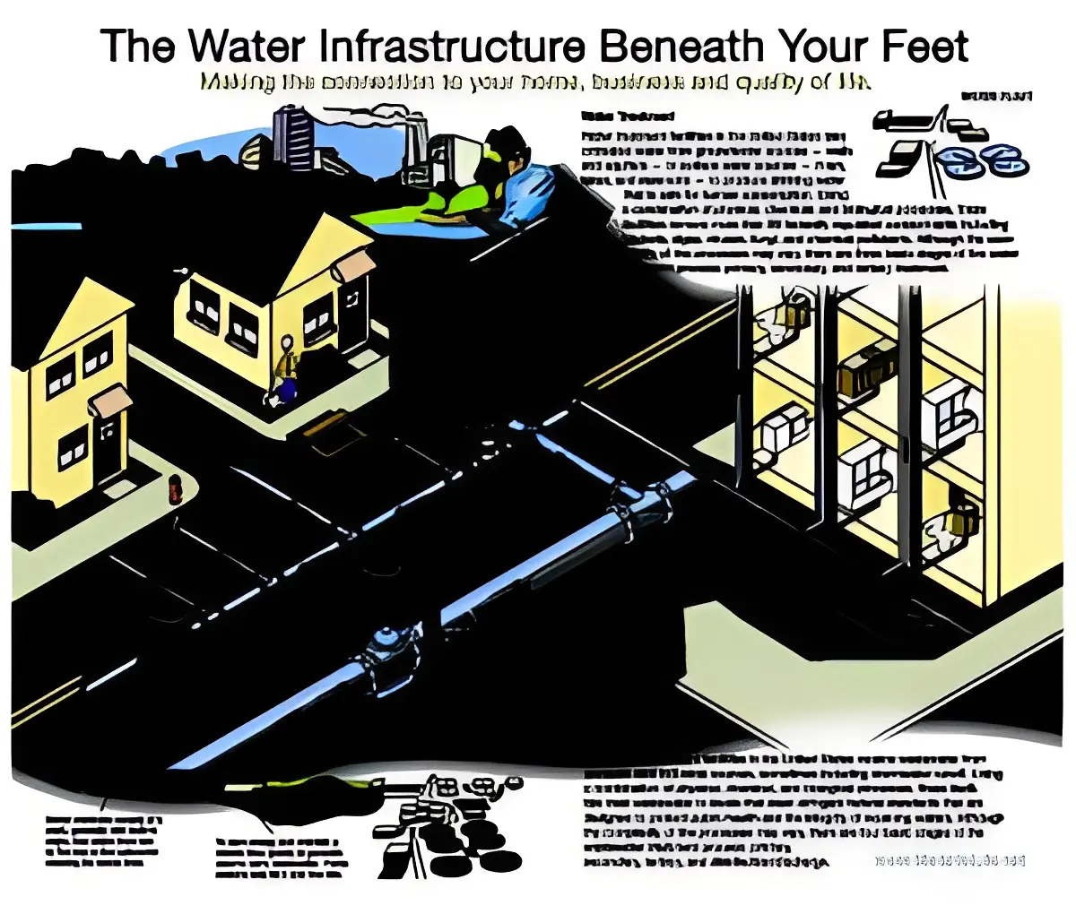Diagram of underground water infrastructure and buildings.
