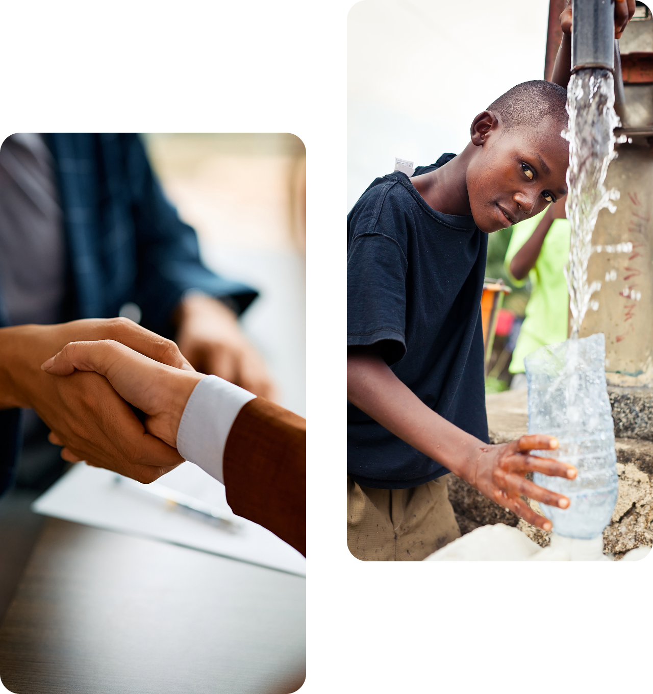 Handshake and boy collecting water from pump.
