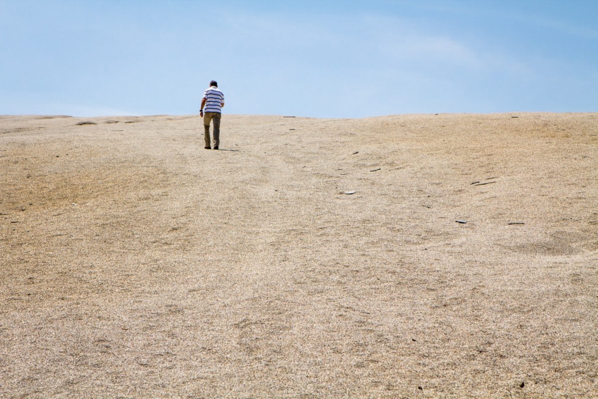 A person standing in the middle of an empty field.