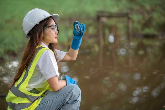 A woman in white shirt and blue gloves